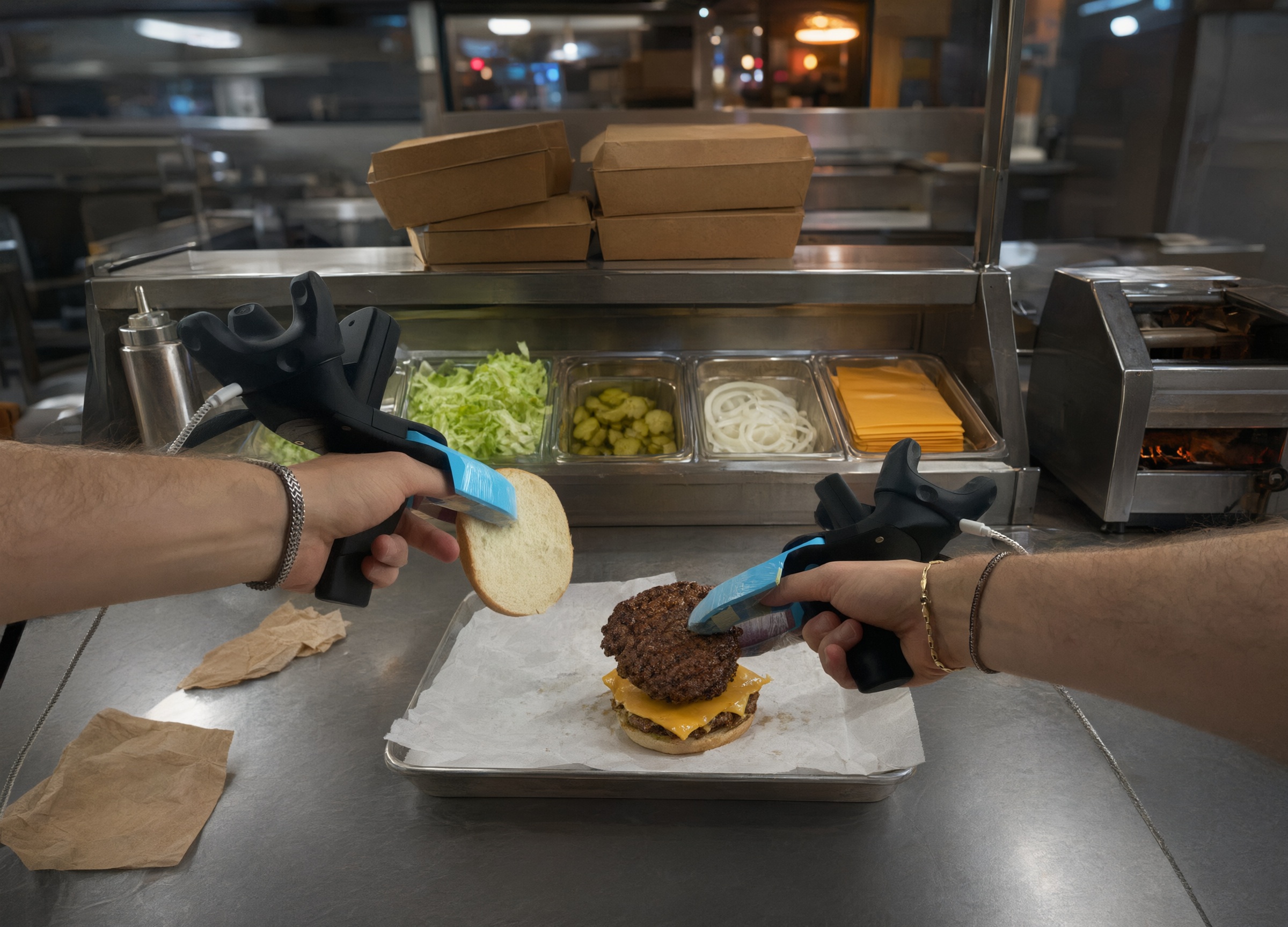 Worker wearing two-finger grippers assembles a burger in a kitchen