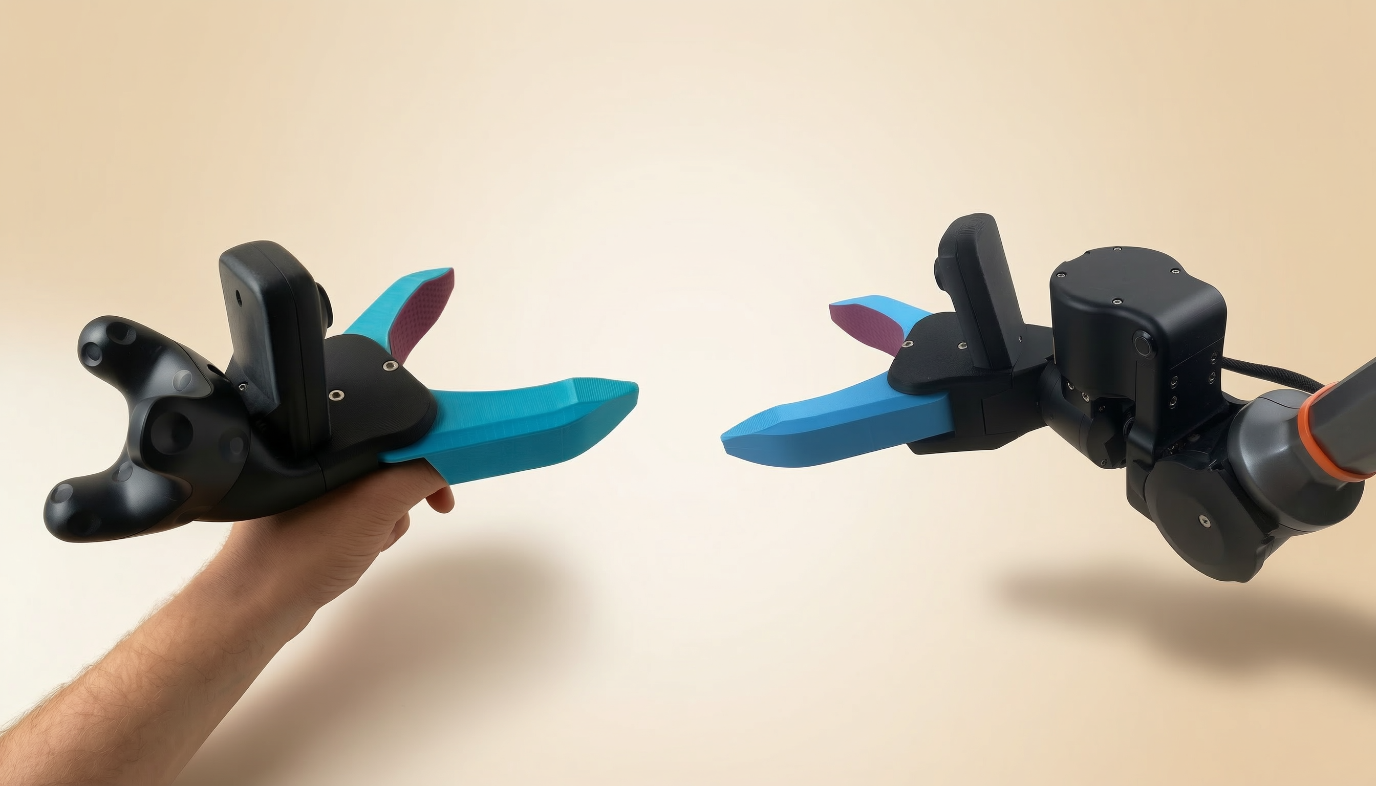 Human hand holding the gripper on the left, identical gripper mounted on a robot arm on the right