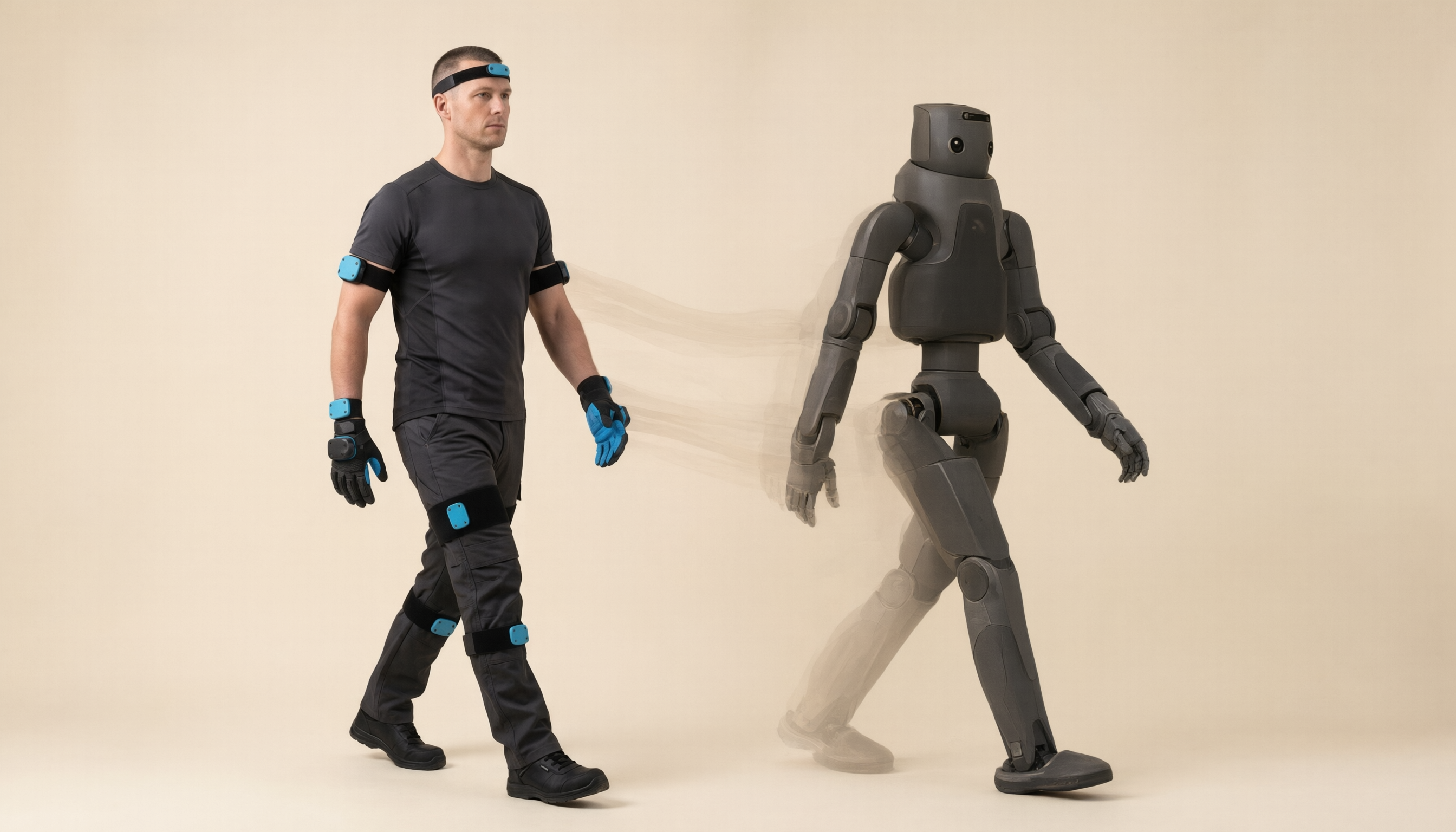 A worker in a sensor suit walks while a humanoid robot mirrors the same motion