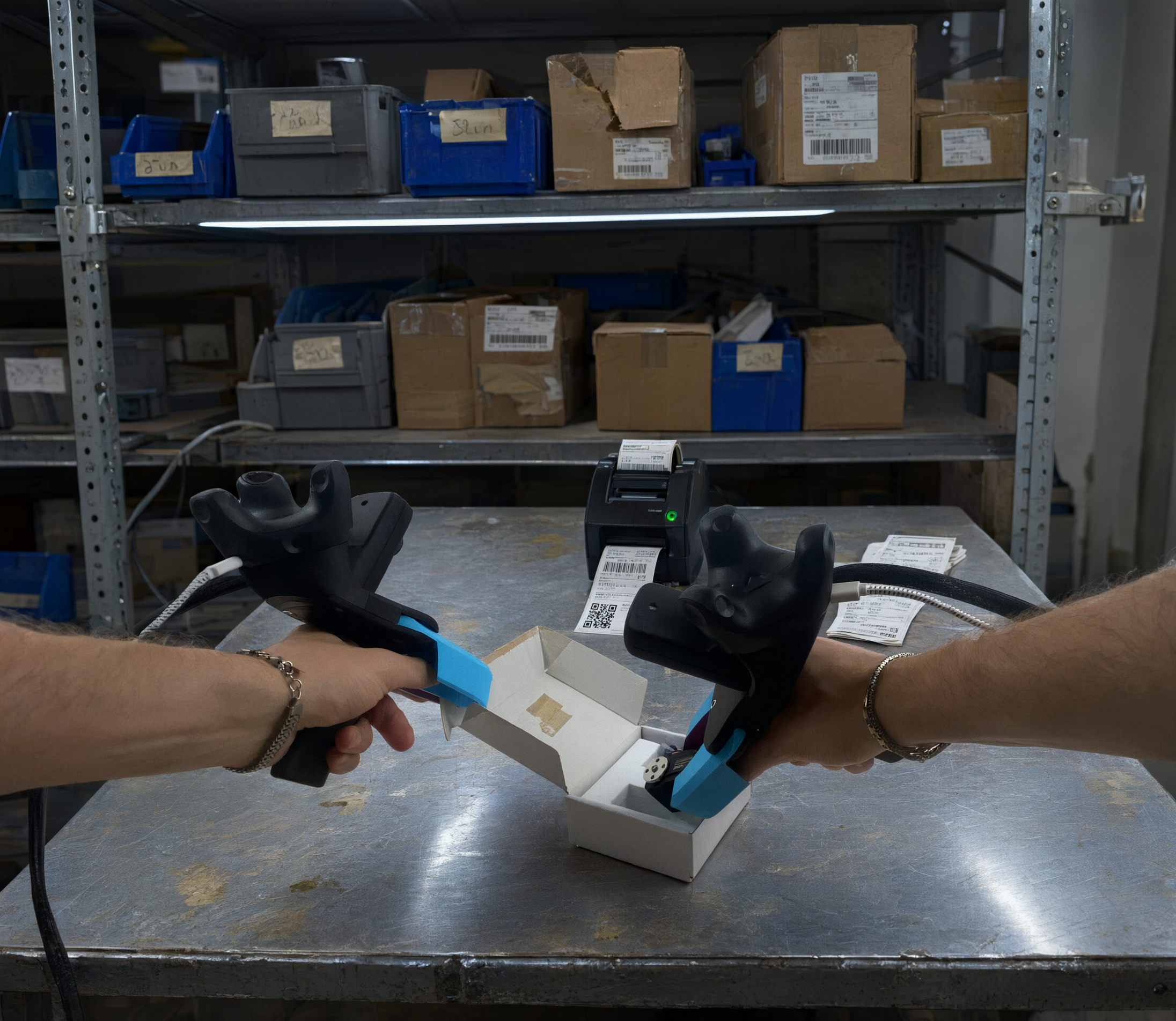 Worker wearing two-finger grippers picks and packs a box in a warehouse